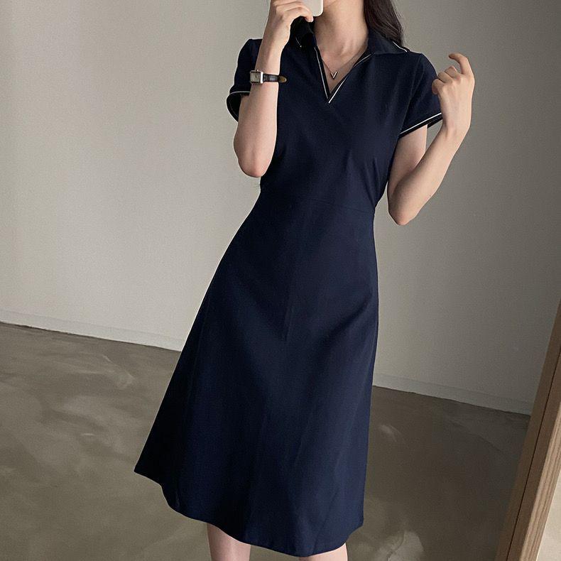 

Women s Summer Retro Korean POLO Collar Color Block Slimming A-Line Dress M (80-110 lbs)