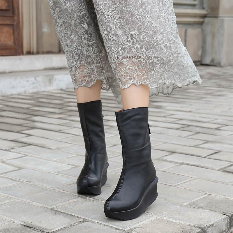 Thick Leather Women's Boots Mid Calf Boots