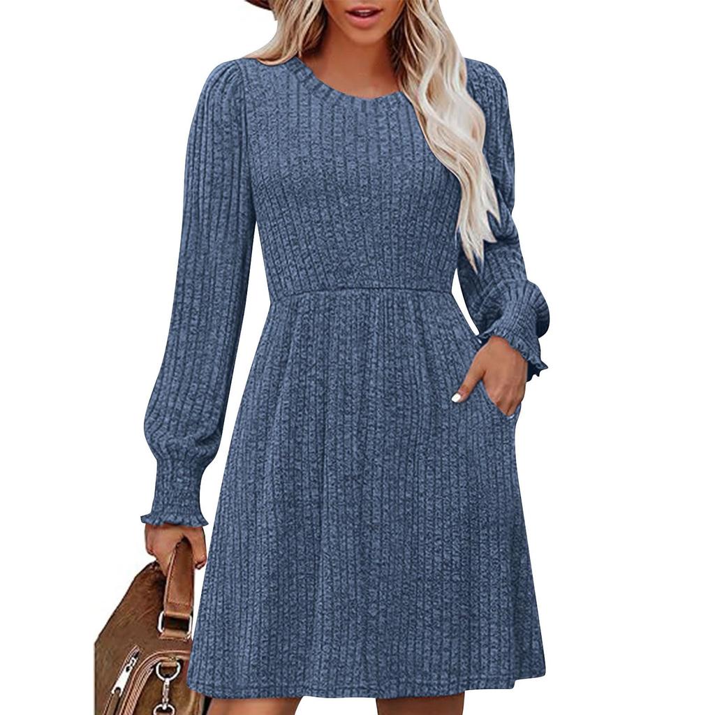 Women's Fashionable Loose-Fit Long-Sleeved Round-Neck Patchwork Solid-Colour Dress