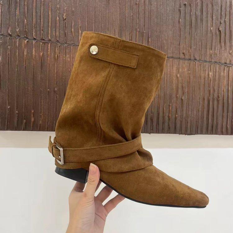 

Cowhide version of sweet and spicy players~! Round head thick heel belt buckle short tube stack boots women s fried street Martin short boots 40 коричневый