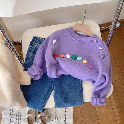 Mädchen Blumenpullover 2024 Herbst und Winter Mädchen süßer Strickpullover Kinder einfarbige Wolloberseite