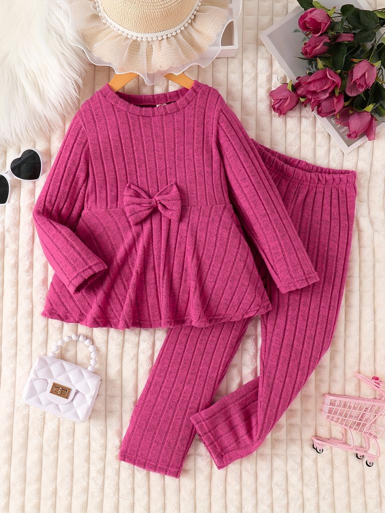 Chic Girls' Bow-Knot Long Sleeve Dress & Pants Set - Cozy Fleece-Lined, Solid Color, Machine Washable - Perfect for Fall/Winter, Perfect for Outdoor