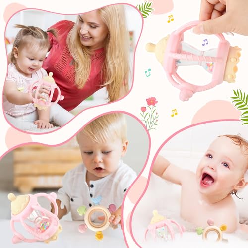 2 Pack Teething Toys for Babies 6-12 Months, Sensory Teether Rings, Montessori Baby Rattle, Infant Chew Toys Gift for Boys Girls (Pink)