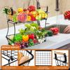 2-Tier Fruit Basket Detachable Metal Countertop Fruit Vegetable Basket with Wooden Handles for Bread Snack Veggies Storage NEW