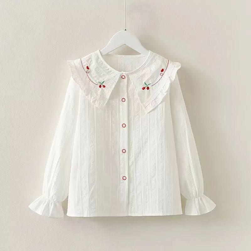 Autumn White Girls' Peter Pan Collar Long Sleeve Shirt - Fashionable Top for Big Kids and Students