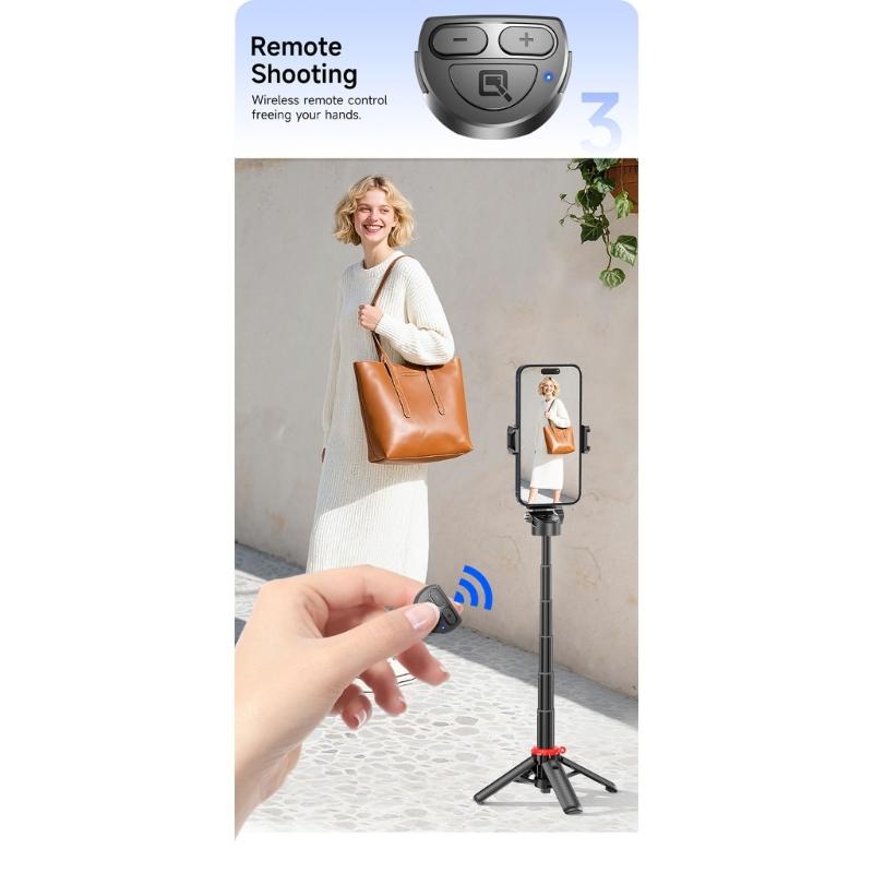 Wireless Remote Operated Selfie Stick Desk Tripod Featuring Quick Open Button and Six Section Extendable Design