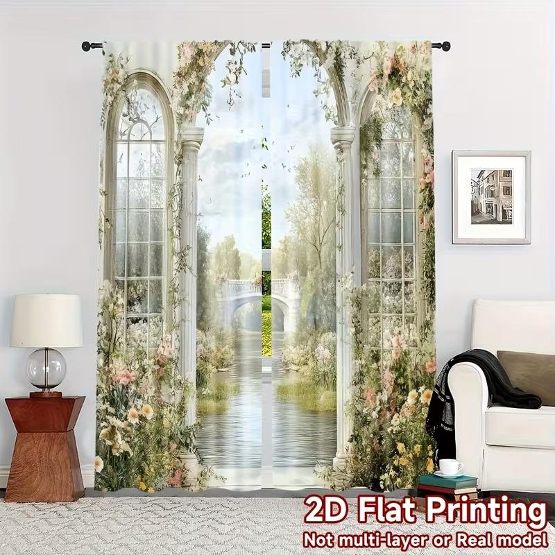 2 Stück Palastbogen Blumen Druck Vorhänge, geeignet für Schlafzimmer, Wohnzimmer, Heimdekoration, Wohnzimmer Vorhang Set Fenstervorhang