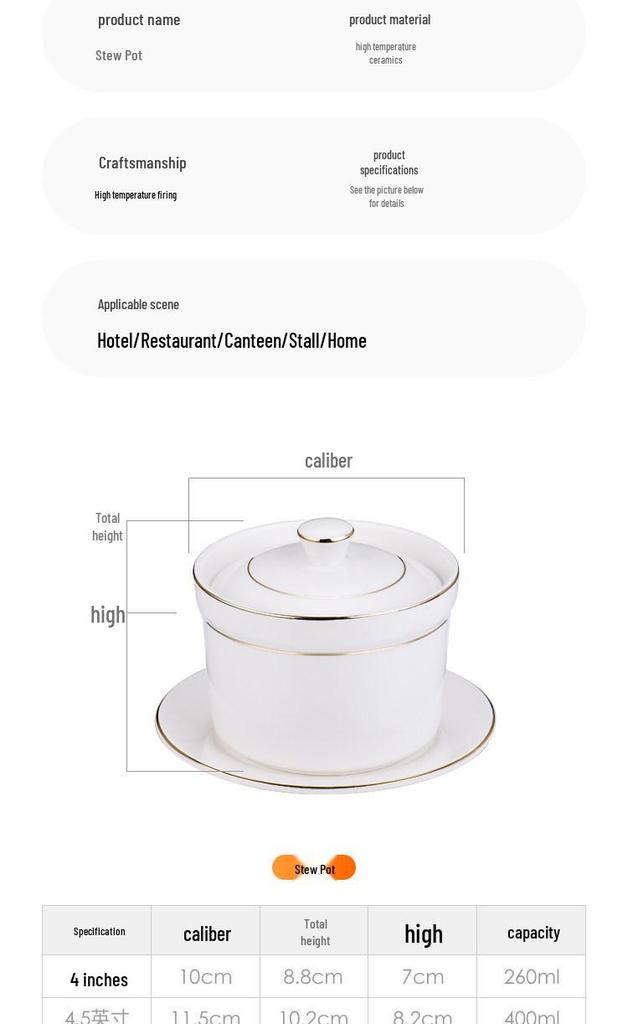 Pure White Ceramic Water-Bath Stew Pot with Gold Rim - Hotel & Commercial Grade, Ideal for Chinese Shaxian, Bird's Nest, and Steam Egg Dishes.