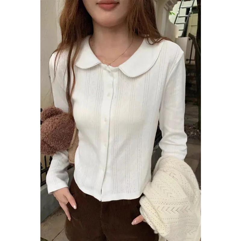 Women s White Peter Pan Collar Long Sleeve Ribbed Button Blouse S