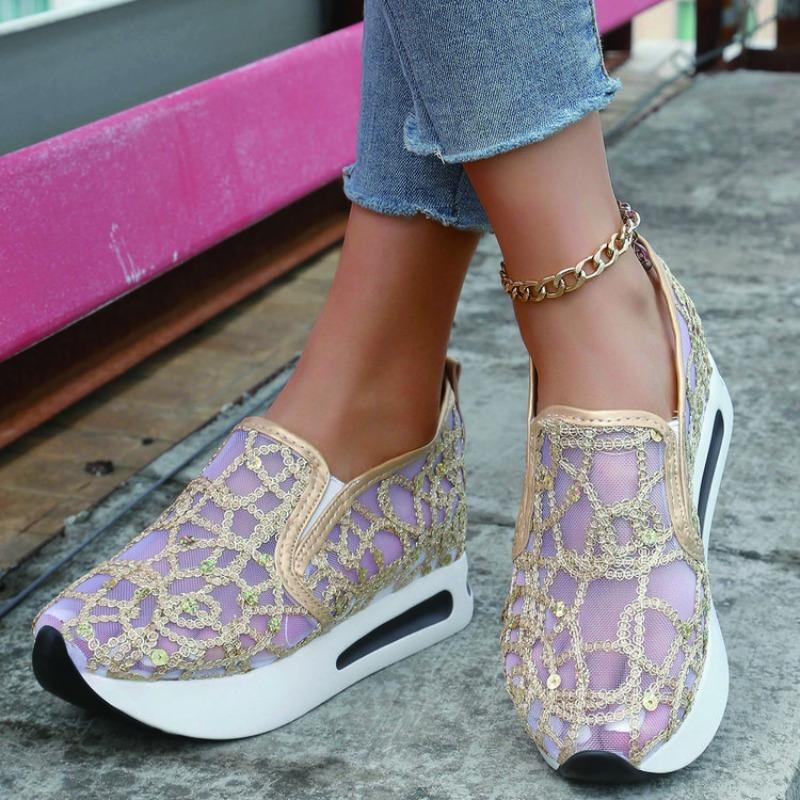 Mode Sexy Dentelle Paillettes Chaussures à la Mode pour Femmes Nouvelles Chaussures Vulcaniées Décontractées Légères Respirantes Confort Sandales Polyvalentes 2024Nouveau