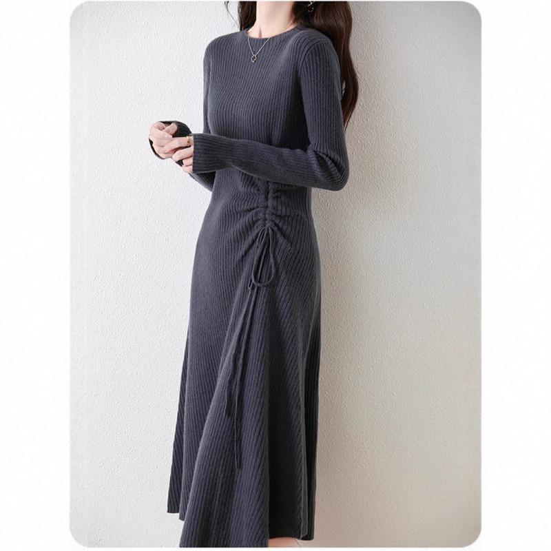 Autumn and winter new drawstring slim and thin medium and long sweater skirt femininity inner backing knitted dress