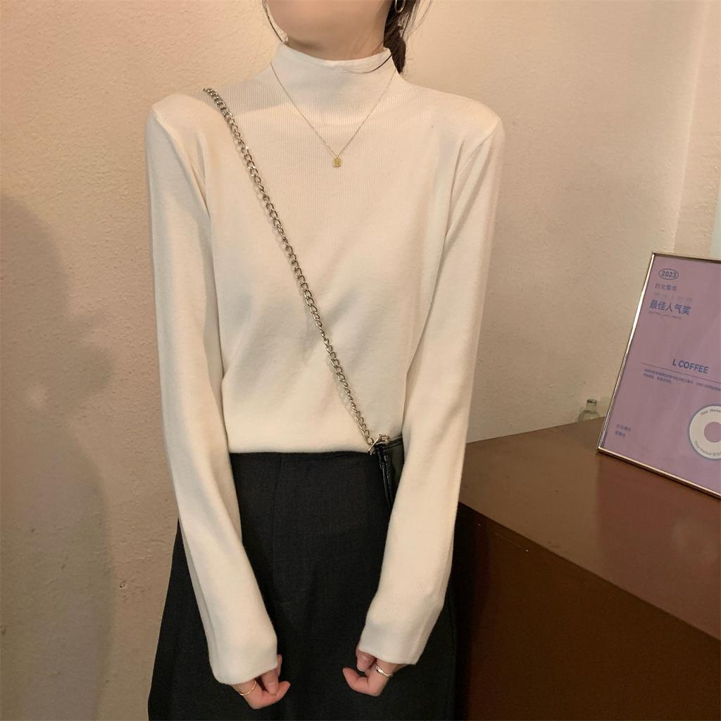 Autumn and winter warm small stand-up collar with knitted bottoming shirt inside, women's stacked long-sleeved solid-color versatile soft waxy 