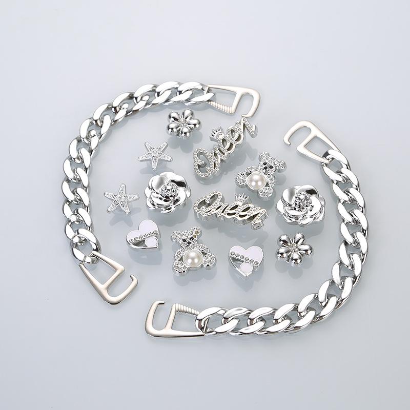 Cross-Border Shoe Accessories: Silver Bear Chain, 3D Shoe Flowers, Detachable Buckles серебряный цветок жемчужный медведь/серебряной цепи