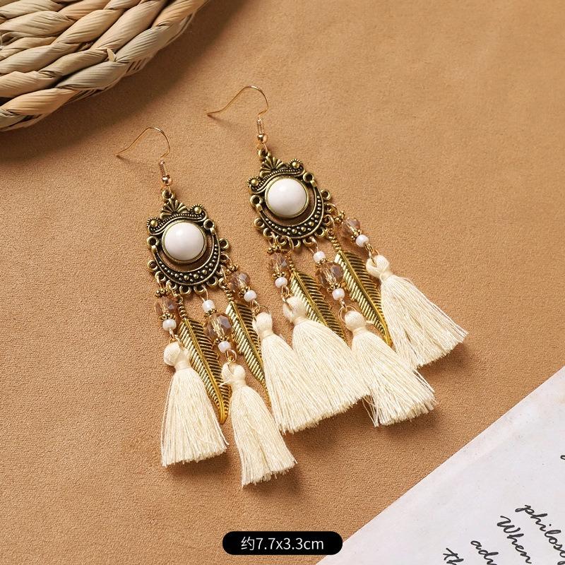 Bohemian Feather Earrings White Long Vintage Personality Tassel Women's Holiday Earrings