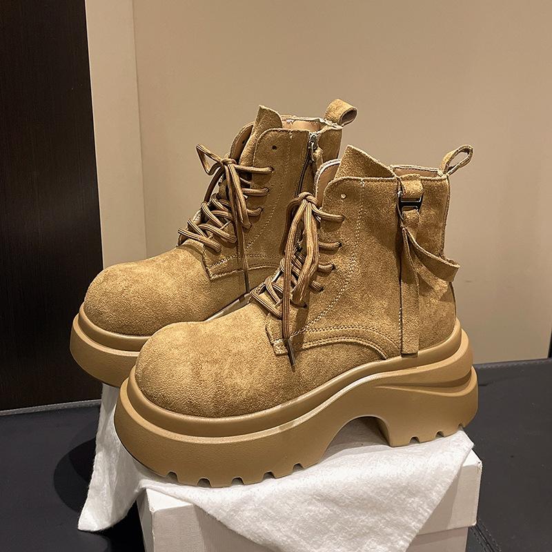 

Ретро ботинки Мартин на толстой подошве с увеличением высоты женские 2025 осень новая мода Майяр стройнящие короткие ботинки шнуровка модные ботинки 40 хаки