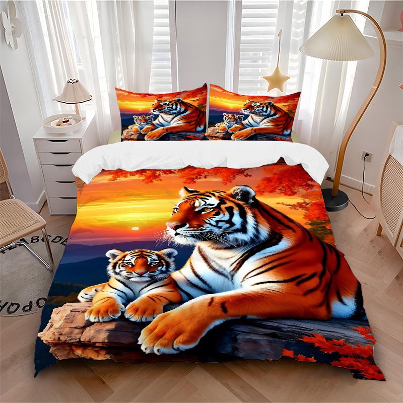 3pcs Tiger Print Bedding Set - 1 Duvet Cover + 2 Pillowcases(Core Not Included), Machine Washable Polyester, All-Season Comfort, Bedroom Dec