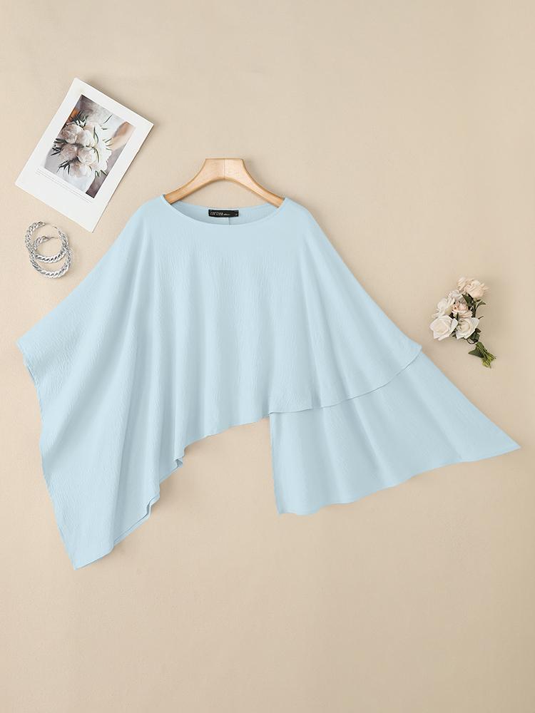 

ZANZEA Женская повседневная блузка с круглым вырезом и рукавами 3/4, свободная накидка 5XL синий