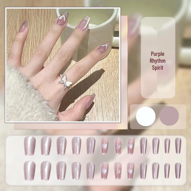 Cat Eye Press-On Nails: Luxurious Nail Art Tips with Stone Glass Beads In Long & Short Whitening Styles