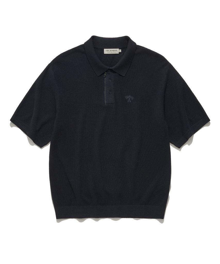 HELEMENT Knit Zip-Up Collared Short Sleeve (Navy)