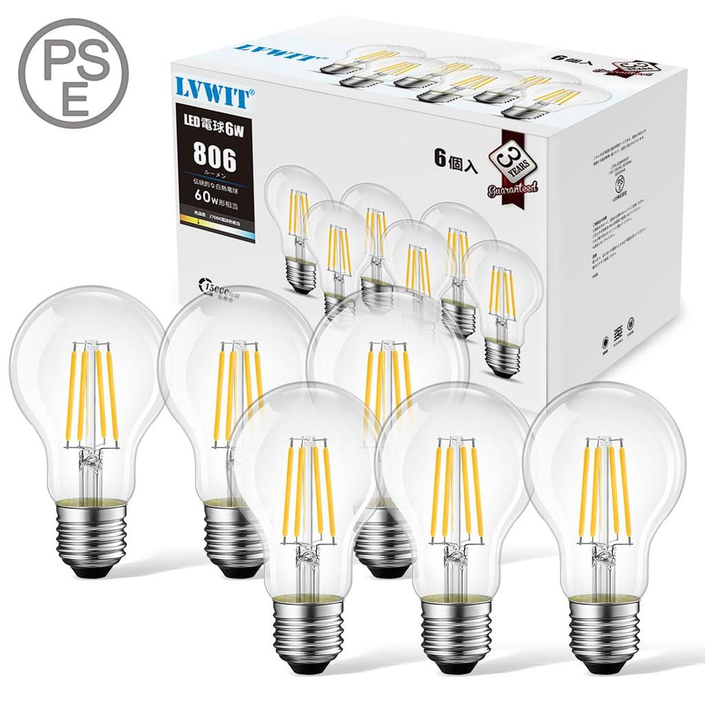 LVWIT LED Light Bulb, E26 Base, Filament Bulb, 60W Equivalent, 6W, 2700K Warm White, A60 806LM, Clear Type, Retro Bulb, Pack of 6