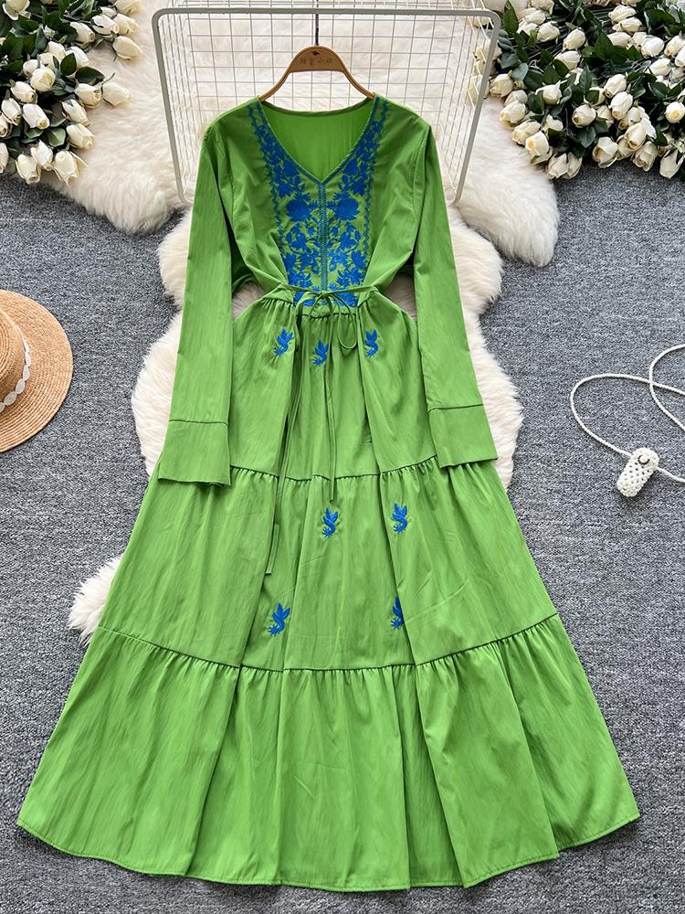 Women Spring Autumn Dress Retro Embroidered V-neck Strap Waist French Elegant Long Sleeve Grand Swing Long Dress