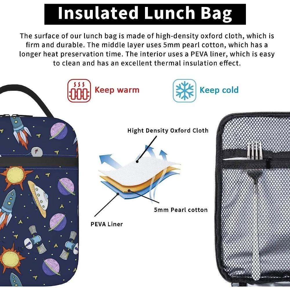 Stars Planet Spaceship Rocket Lunch Bag for Men Boys Insulated Lunch Box Reusable Waterproof Portable Thermal Bento Tote Bag