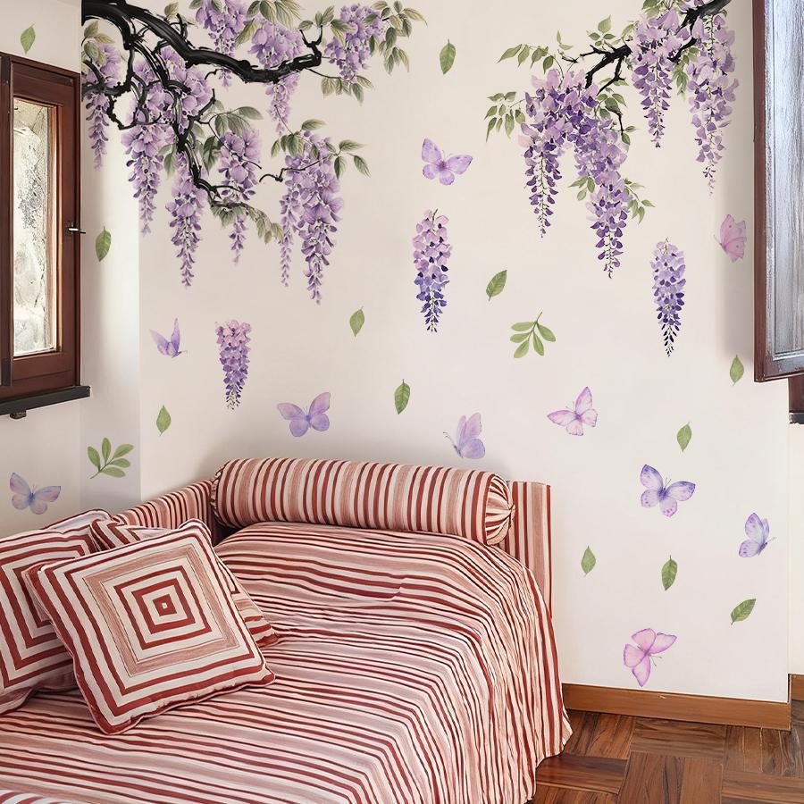 2Pc Wisteria Flower Butterfly Wall Decals For Girls Bedroom Living Room Decor Removable Vinyl Stickers Art Mural Home Decoration