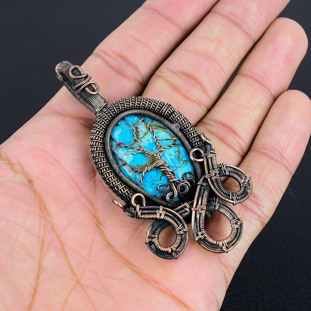 Wisiorek z turkusu tybetańskiego, biżuteria z kamieni szlachetnych owinięta drutem miedzianym próby 999, ręcznie robiony wisiorek, na Święto Dziękczynienia