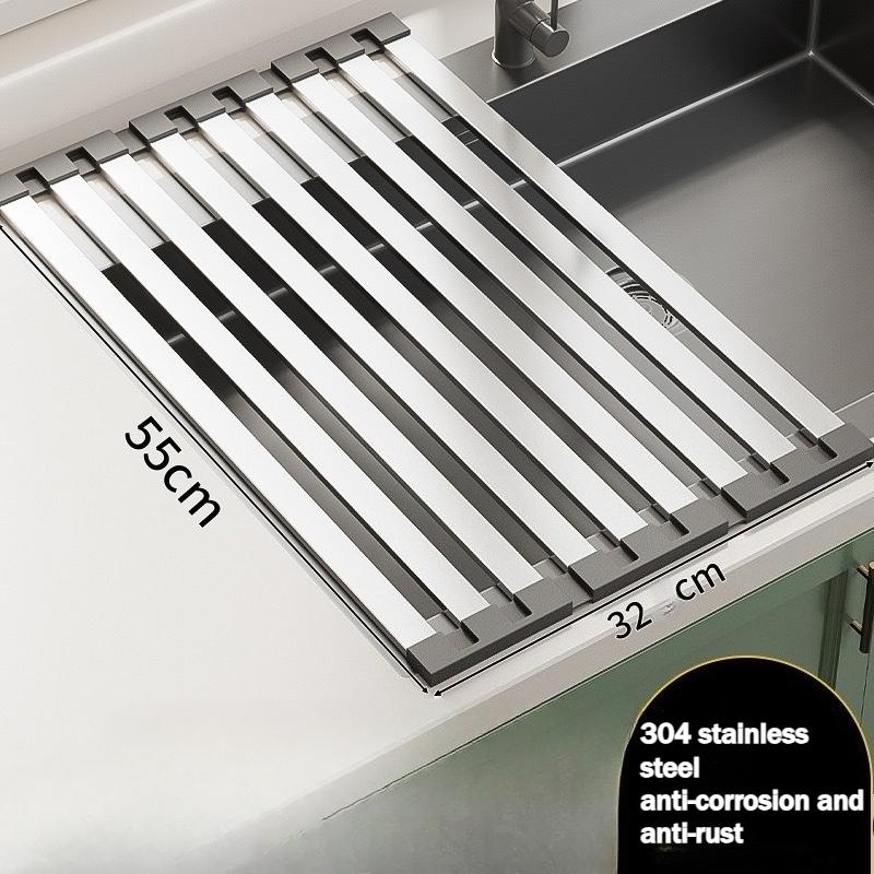 Tri-Fold 304 Stainless Steel Kitchen Sink Rack-Rustproof, Rolling Curtain For Drying Dishes Sner Kitchen Dish Rack Drainage Rack