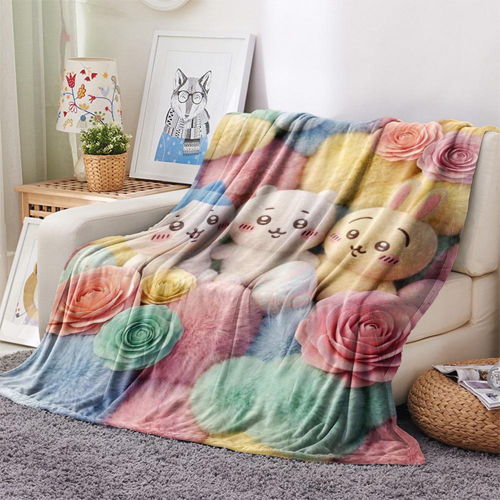 1Pc Chiikawa Print Flannel Blanket, High Quality Comfortable for All Seasons, Home Decor, Warmth and Comfort, Perfect for Christmas Gifts
