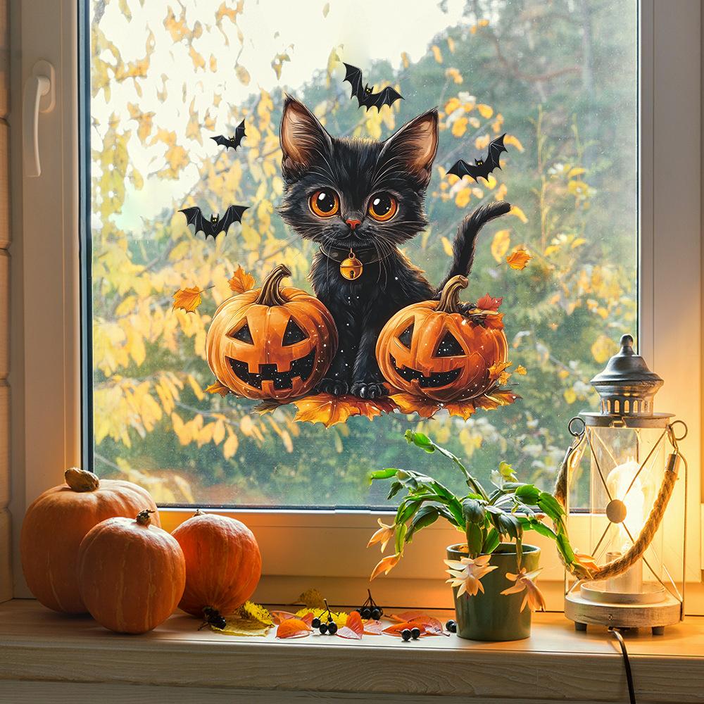 Halloween Cartoon Black Cat Pumpkin Glass Window Display Home Festival Decoration Static Window Stickers
