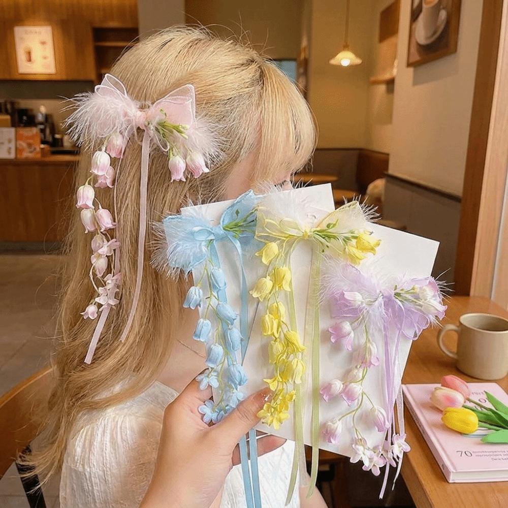 Sequin Tulle Bow Hair Clips Sweet Lolita Dress Hair Accessories Bell Orchid Ribbon Barrettes Prom