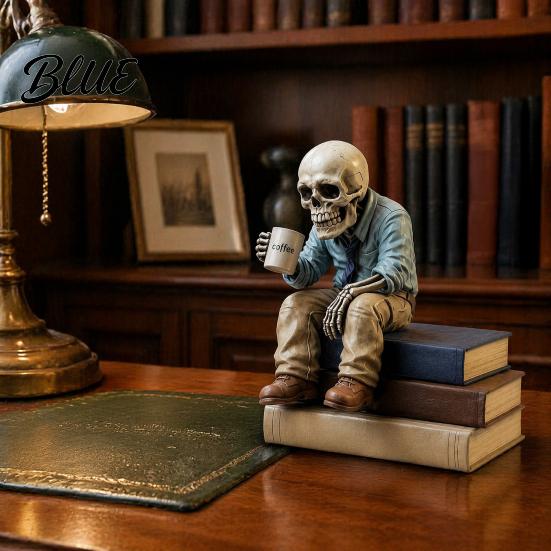 Resin Desk Ornaments Funny Sitting Skeleton Figurine Holding Coffee Cup Vintage Durable Craft Decor Ornament Unique Gag Stress Relief Gift