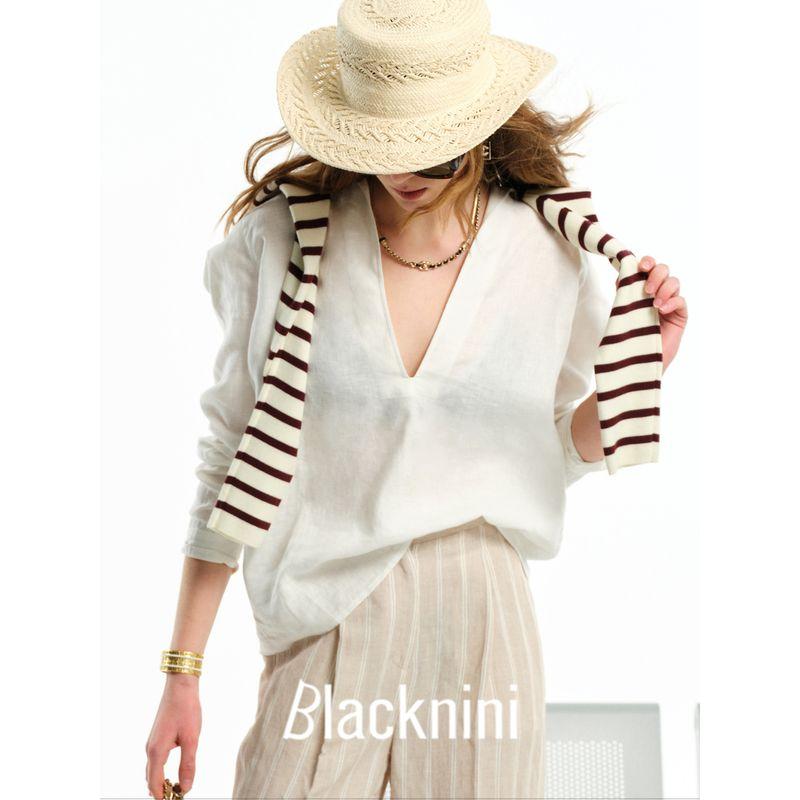 Blacknini "Little Time" V-neck Shirt Tops Linen 190gsm Plain Comfortable Dark White