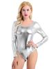 Women Adult Shiny Patent Leather Long Sleeves One-piece Leotard Bodycon Bodysuit Dancewear