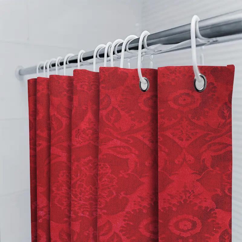 Red Floral Shower Curtain Embroidered Fabric Waterproof Bathroom Decor