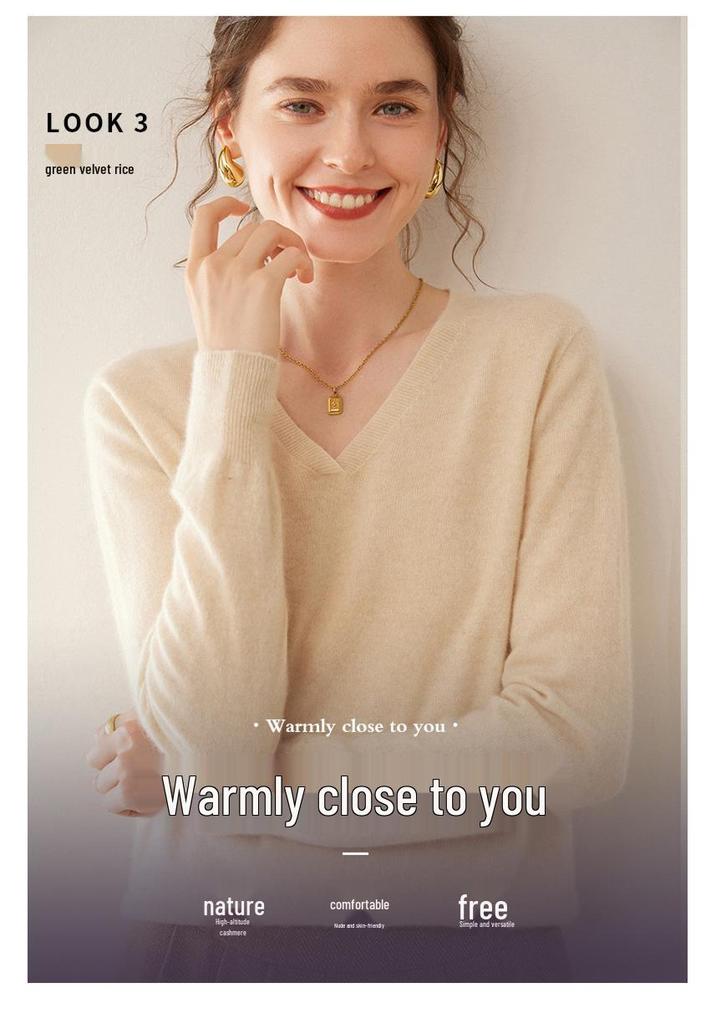 Women's Long Sleeve V-Neck Cashmere Knit Base Layer Top: Versatile, Loose, and Slimming Sweater Innerwear.
