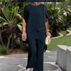 Conjunto de 2 Piezas Casual para Mujer: Top de Gasa con Patchwork de Cuello Redondo y Dobladillo Irregular y Pantalones de Pierna Ancha