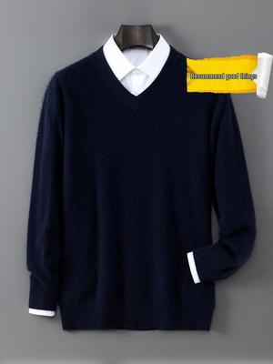 Men’s Pure Wool V-neck Pullover - Casual Loose Knitwear for Autumn/Winter