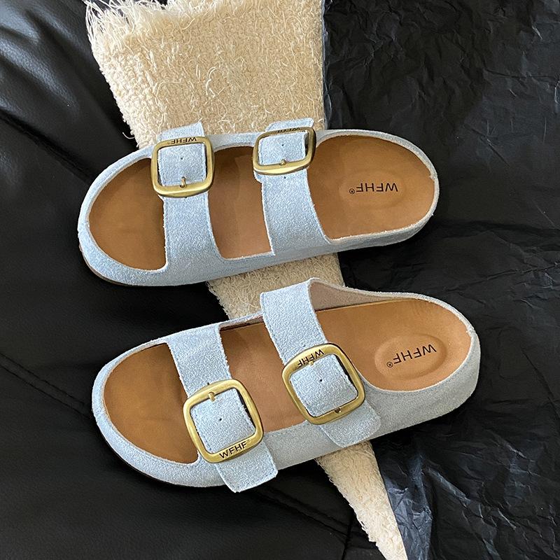 Platform slippers women's shoes 2025 new versatile casual one-word square head wear casual cool slippers women