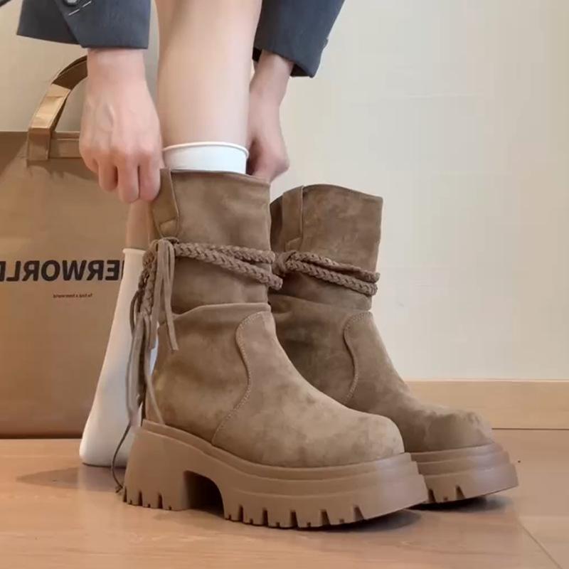 2025 Autumn and Winter Simple Wasteland Wind Fringed Knight Boots Fashion Thick Heel But Knee Fashion Boots Women's Thin Medium Boots