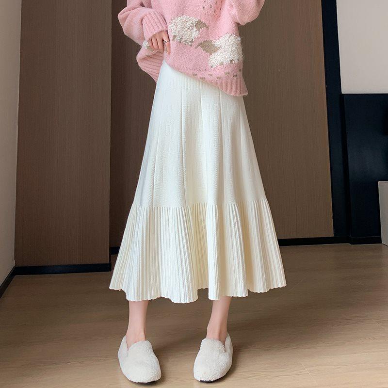2025 New Women's High Waist Knitted A-line Pleated Midi Skirt for Autumn/Winter