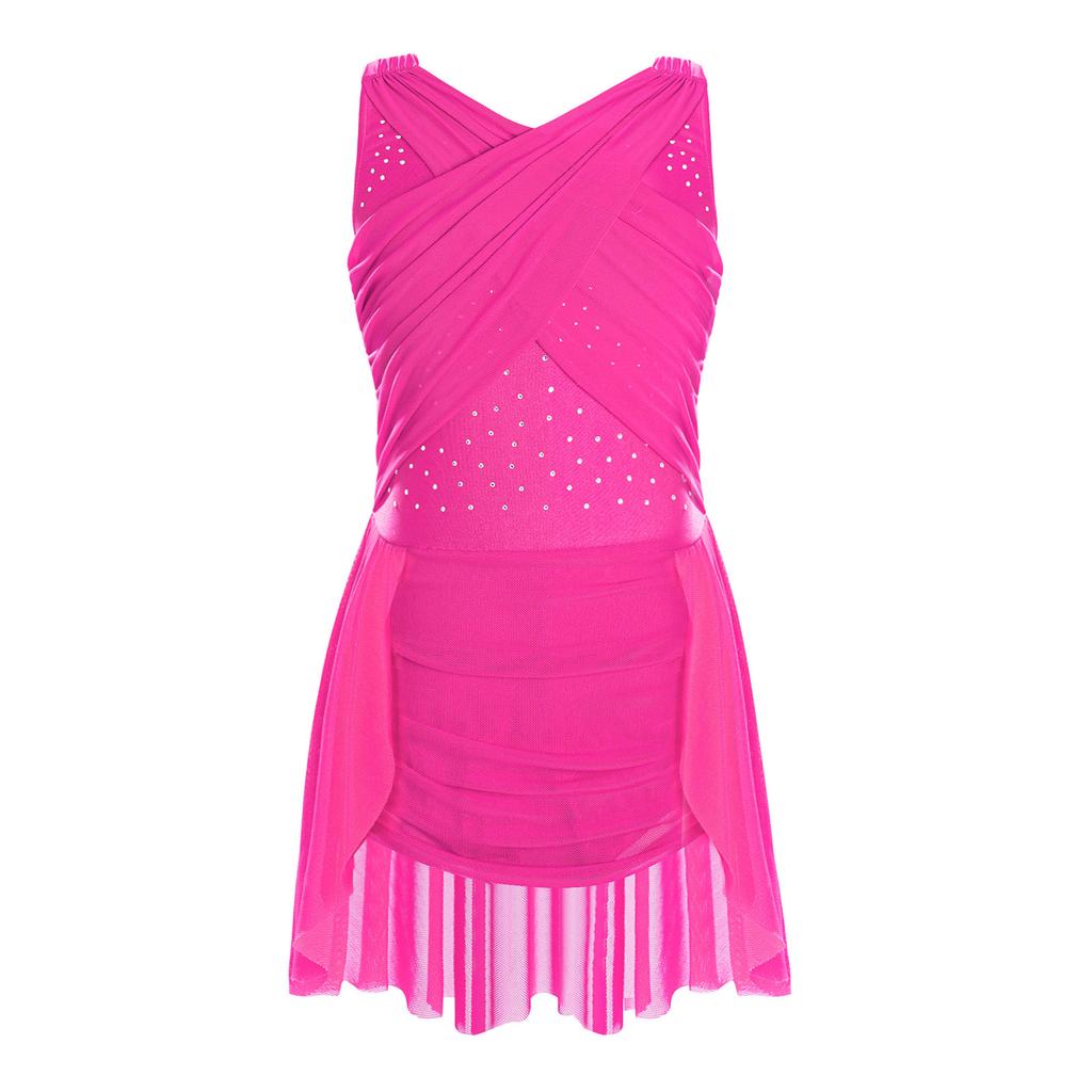 Girls Lyrical Dance Dress Cross Mesh Overlay Cutout Back Design Shiny Rhinestones Irregular Hem Figure Skating Gown