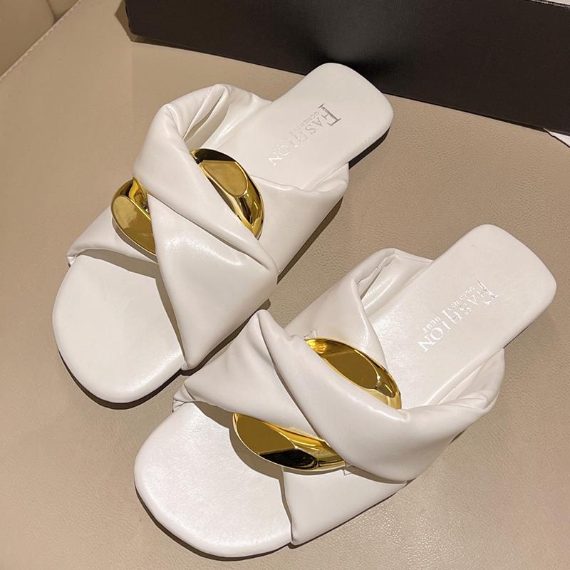 Fashion New Ladies Slippers Women Flip Flops 2024 Summer Casual Indoor Pu Metal Decoration Square Toe Outside Green Slides Female Shoes