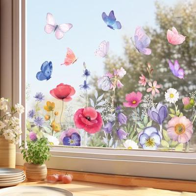 Colorful Floral Static Sticker Double-Sided Waterproof Flowers Sticker Spring Window Clings for Glass