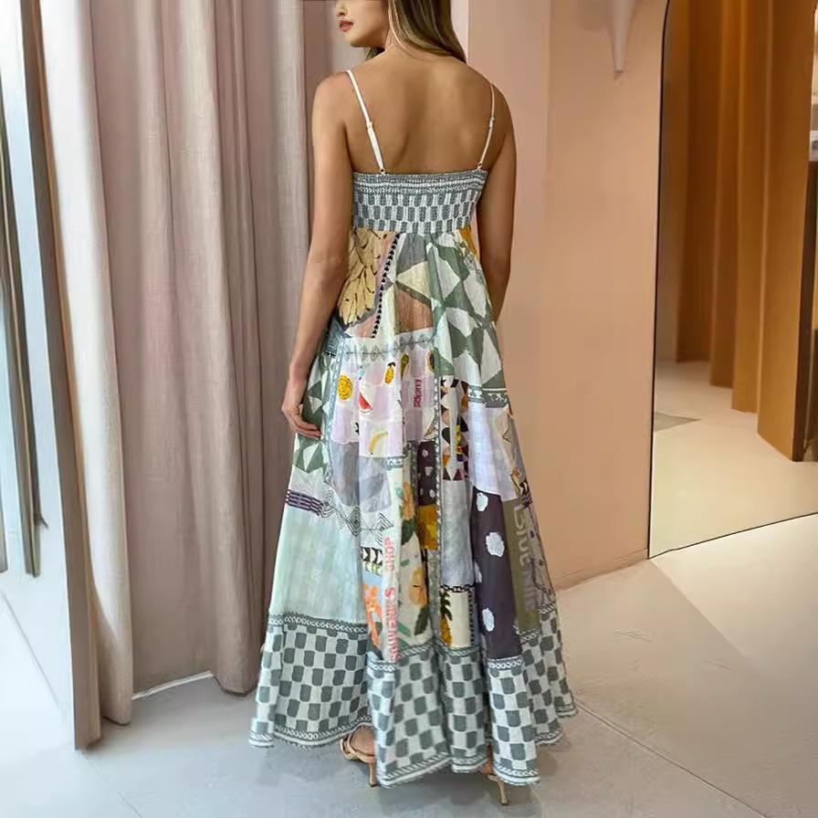 IHUASU Summer Sexy Print Big Swing Halter Dress Women