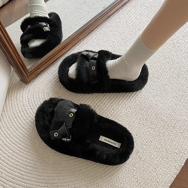Hairy Slippers Women Wear Thick Soles 2025 New Spring and Autumn Internet Celebrities Word Home Cute Furry Cotton Drag Winter