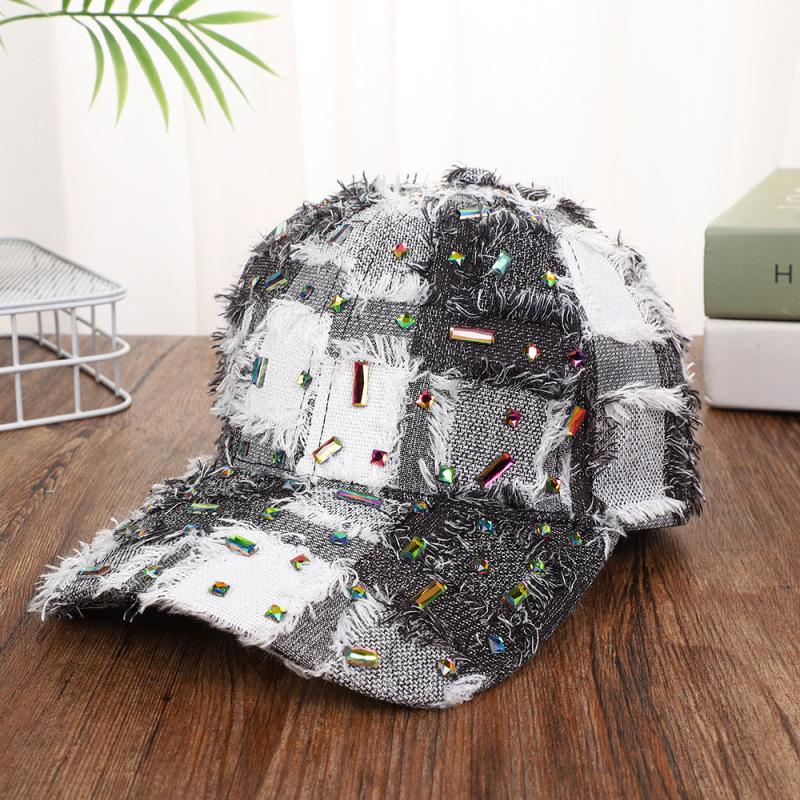 Fashion Hat hats, European and American style handmade diamond-studded ripped denim baseball hats, trendy women's rhinestone sunshade baseball