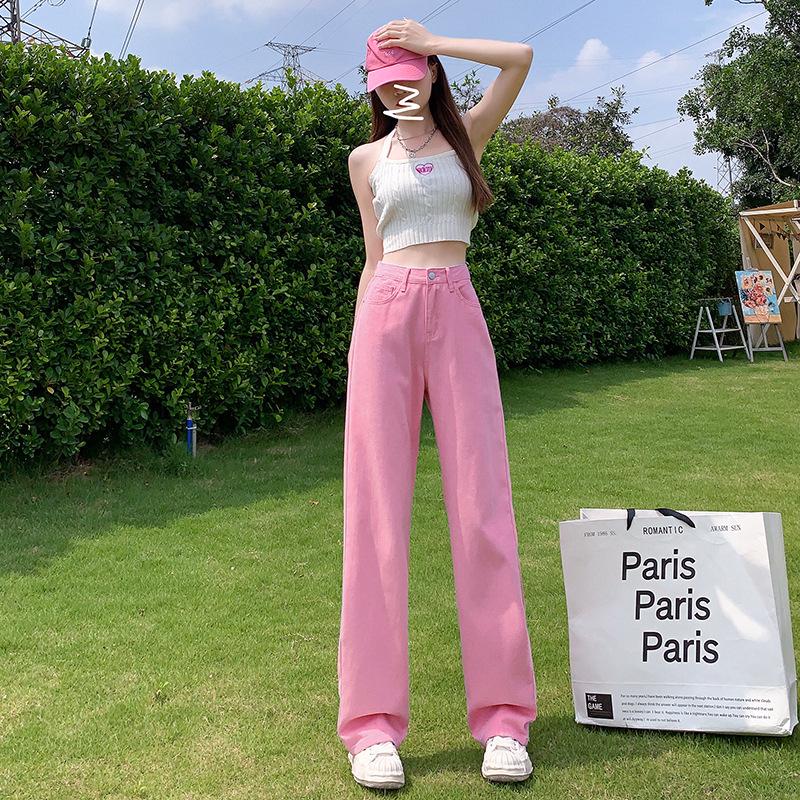 Women's Pink High-Waisted Wide-Leg Jeans: Summer Thin, Loose Fit, Plus Size, Slimming, Floor-Length Straight Pants