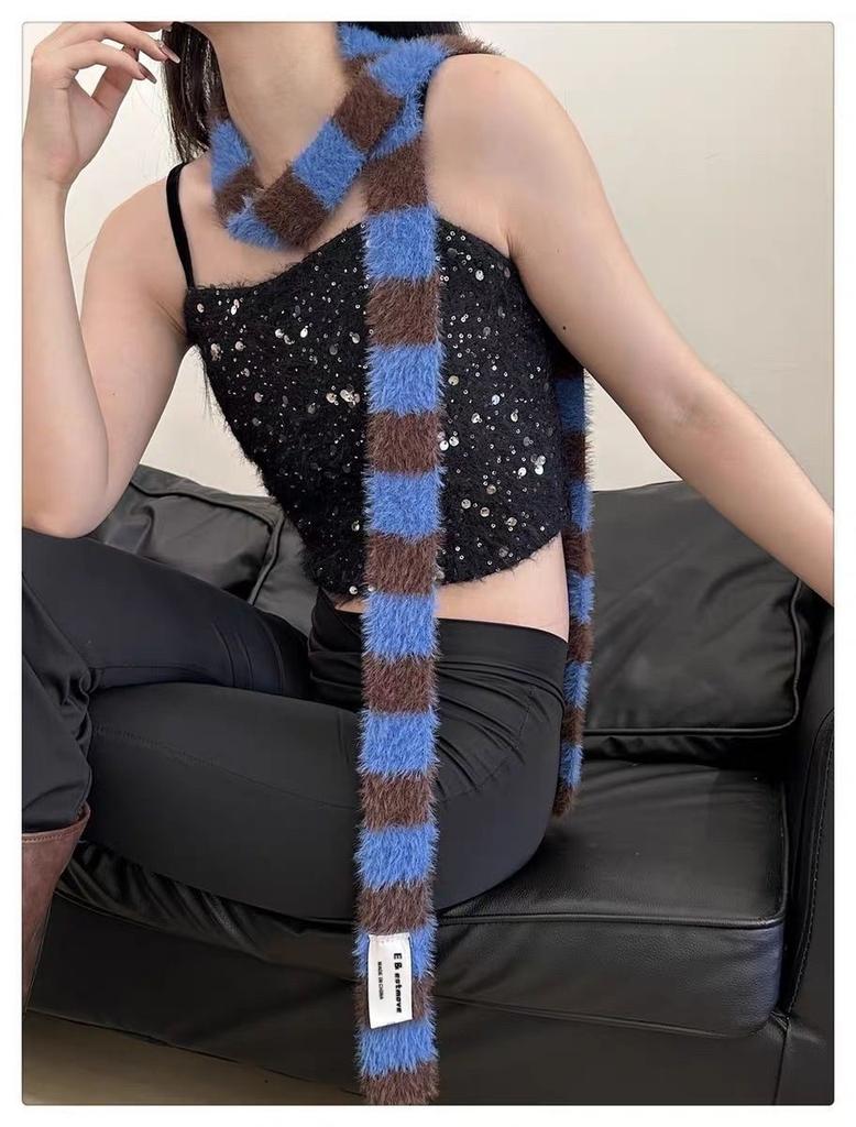 Slim Stripe Plush Scarf Clothing Accessories Striped Warm Soft Thin Scarf Knitted Wool Plush Long Narrow Scarves Autumn Winter